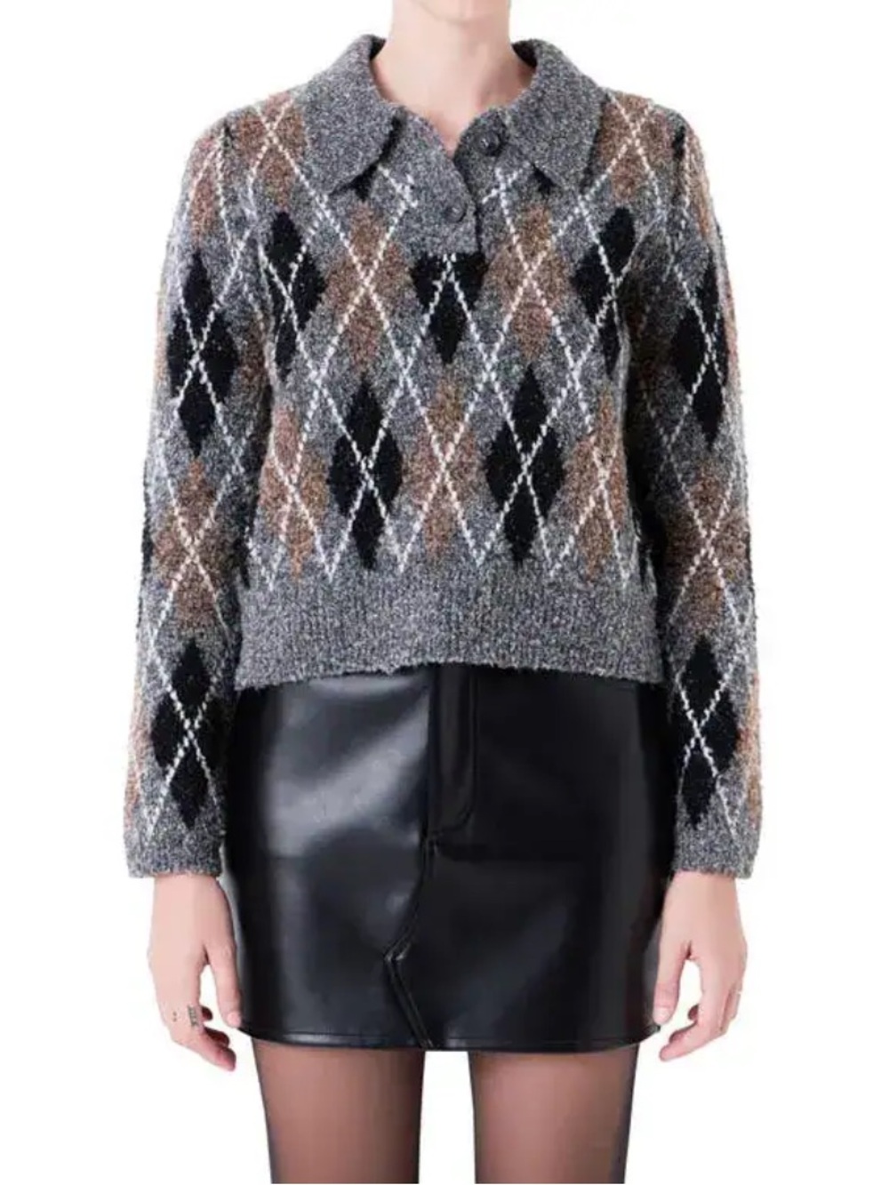 GREY LAB By Anthropologie Argyle Crewneck Sweater in Grey, Black, Brown XS